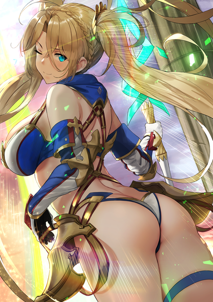 Anime picture 4135x5845 with fate (series) fate/grand order bradamante (fate/grand order) hews single long hair tall image looking at viewer blush fringe highres breasts light erotic blonde hair smile hair between eyes large breasts standing twintails bare shoulders