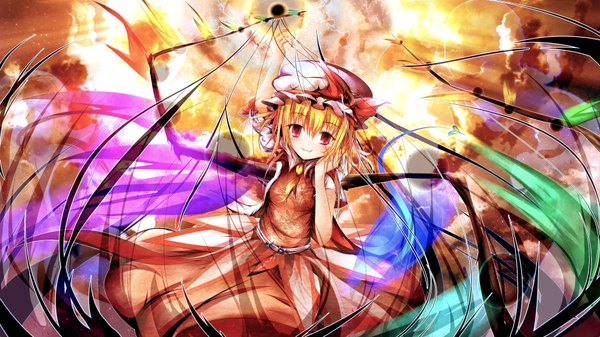 Anime picture 3840x2160 with touhou flandre scarlet garyljq highres short hair blonde hair red eyes wide image absurdres cloud (clouds) girl dress skirt wings bonnet skirt set