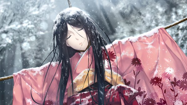 Anime picture 1280x720 with kara no shoujo kara no shoujo 2 innocent grey satsuki (kara no shoujo 2) sugina miki single long hair black hair wide image eyes closed traditional clothes japanese clothes dutch angle snowing winter snow death girl yukata rope