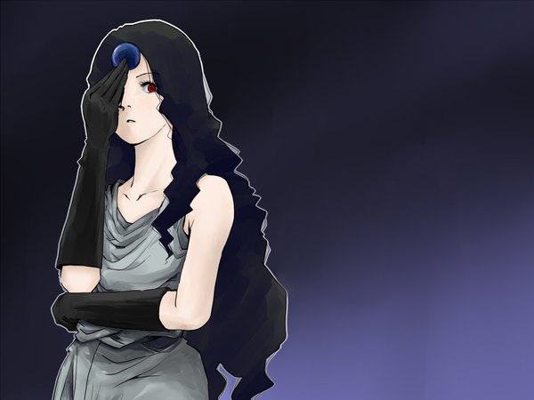 Anime picture 1024x768 with hunter x hunter palm siberia bucter 6 8 single long hair looking at viewer black hair simple background red eyes bare shoulders upper body parted lips gradient background dark background covering eye (eyes) spoilers girl dress gloves black gloves