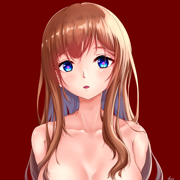 Anime picture 3541x3541 with virtual youtuber .live kakyouin chieri ao00grap single long hair looking at viewer blush fringe highres breasts open mouth blue eyes light erotic simple background brown hair bare shoulders absurdres upper body nude