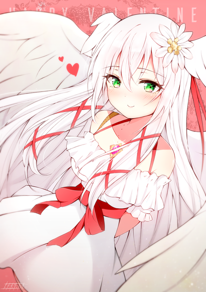 Anime picture 2480x3507 with original lucielle sana hamada single long hair tall image looking at viewer fringe highres smile hair between eyes green eyes signed white hair hair flower pink background angel wings head wings valentine girl