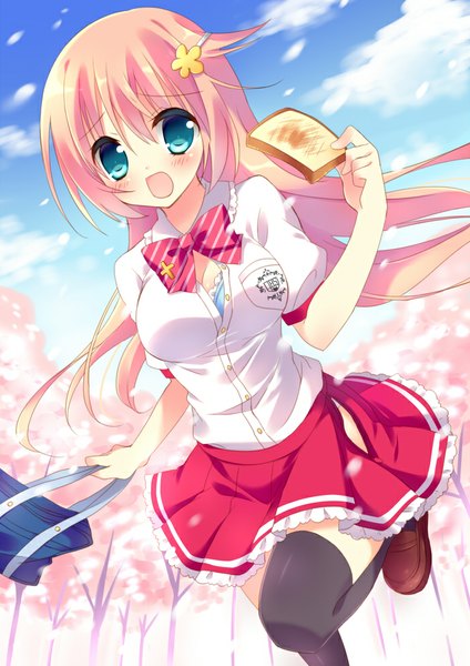 Anime picture 700x990 with original sumisaki yuzuna single long hair tall image looking at viewer blush open mouth blue eyes light erotic pink hair cherry blossoms girl thighhighs skirt uniform black thighhighs plant (plants) school uniform petals