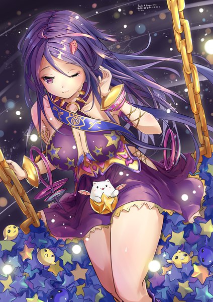 Anime picture 2480x3507 with puzzle & dragons eschamali (p&d) faicha single long hair tall image highres breasts smile hair between eyes large breasts sitting purple eyes bare shoulders purple hair ahoge one eye closed from above wind tears