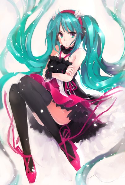 Anime picture 1216x1802 with 7th dragon vocaloid hatsune miku izumil single tall image looking at viewer twintails bare shoulders very long hair aqua eyes aqua hair girl thighhighs dress black thighhighs headphones