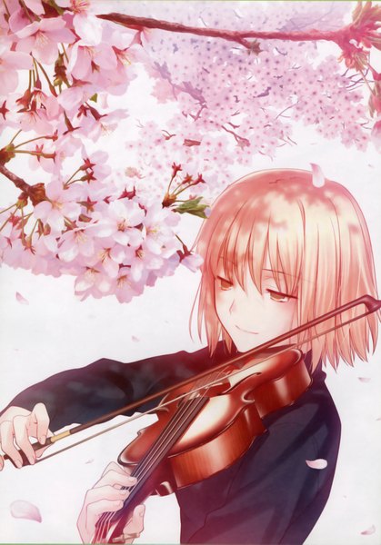 Anime picture 2586x3701 with type-moon takeuchi takashi tall image highres short hair white background pink hair pink eyes light smile cherry blossoms girl petals violin bow (instrument)