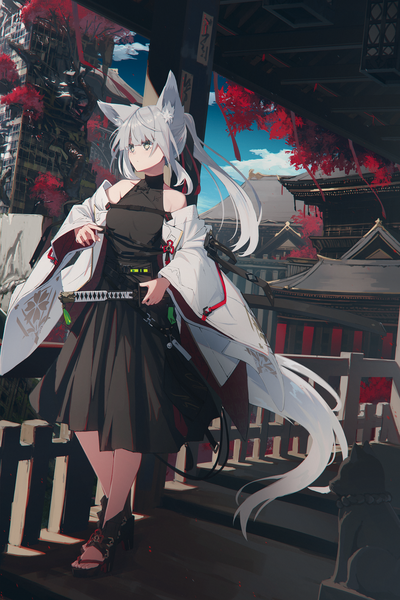 Anime picture 1851x2774 with original nagishiro mito single long hair tall image fringe highres bare shoulders green eyes animal ears payot sky cloud (clouds) full body outdoors ponytail tail blunt bangs animal tail off shoulder
