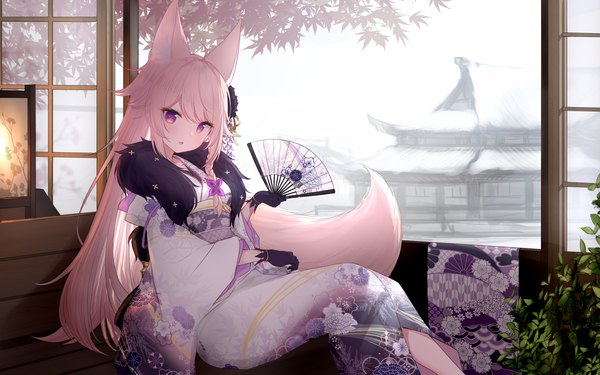 Anime picture 1920x1200 with original guo582 single long hair looking at viewer fringe highres open mouth sitting purple eyes holding animal ears payot pink hair ahoge bent knee (knees) indoors tail long sleeves traditional clothes