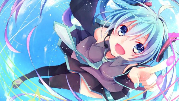 Anime picture 1708x960 with vocaloid hatsune miku kuroi (liar-player) single highres open mouth smile wide image sky ahoge very long hair nail polish aqua eyes from above aqua hair sparkle zettai ryouiki outstretched arm pointing girl