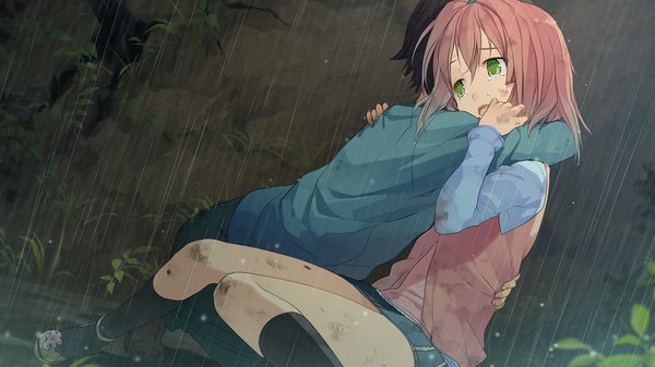 Anime picture 1280x720 with ima sugu onii-chan ni imouto da tte iitai! mitani ayumu akinashi yuu short hair black hair wide image green eyes pink hair game cg couple hug tears rain girl boy socks black socks