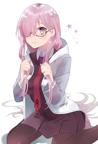 Anime picture 1159x1700 with fate (series) fate/grand order mash kyrielight ichinosenen single tall image fringe simple background white background sitting purple eyes pink hair very long hair hair over one eye wariza alternate hairstyle holding hair alternate hair length girl pantyhose