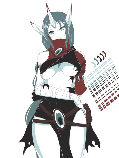 Anime picture 1200x1600 with league of legends soraka (league of legends) kumiko shiba single tall image looking at viewer blush light erotic simple background white background horn (horns) pointy ears monochrome oni horns girl bandage (bandages)
