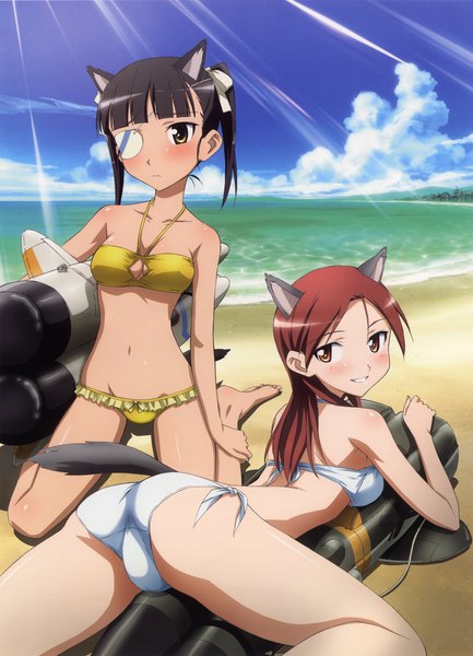 Anime picture 3007x4161 with strike witches sakamoto mio minna-dietlinde wilcke kaidou hiroyuki long hair tall image looking at viewer blush highres breasts light erotic sitting multiple girls animal ears yellow eyes absurdres cloud (clouds) ass red hair tail