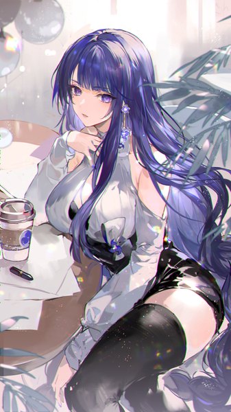 Anime picture 1500x2668 with genshin impact raiden shogun nevakuma (fanfanas) single tall image looking at viewer blush fringe breasts open mouth large breasts sitting purple eyes bare shoulders payot cleavage purple hair bent knee (knees) blunt bangs braid (braids)