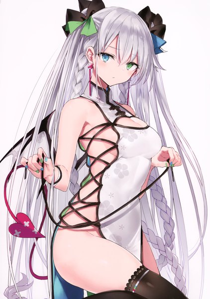 Anime picture 2407x3421 with original nanananana single tall image looking at viewer blush fringe highres breasts light erotic simple background hair between eyes standing white background bare shoulders holding payot silver hair tail braid (braids)