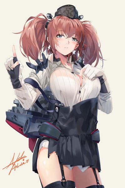 Anime picture 935x1400 with kantai collection atlanta (kantai collection) neko (yanshoujie) single long hair tall image looking at viewer blush fringe breasts blue eyes light erotic simple background hair between eyes brown hair standing twintails pleated skirt character names torn clothes