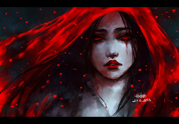 Anime picture 1300x900 with original mara (original character) nanfe single long hair looking at viewer black hair red eyes signed lipstick tears letterboxed framed bloody tears girl hood blood