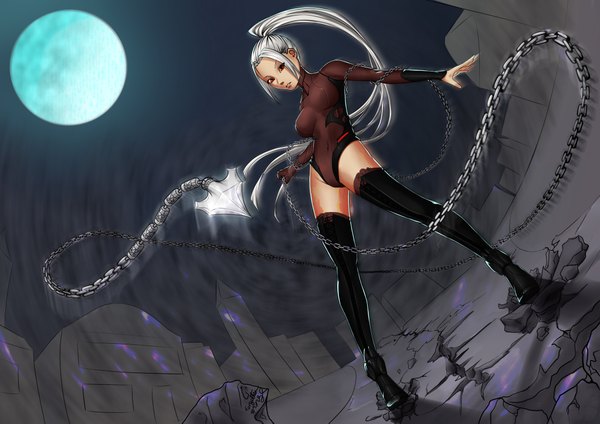 Anime-Bild 4092x2893 mit forgotten-wings single long hair looking at viewer highres light erotic absurdres silver hair ponytail orange eyes assassin girl thighhighs black thighhighs chain