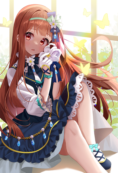 Anime picture 1230x1800 with idolmaster idolmaster million live! tanaka kotoha chobi (penguin paradise) single long hair tall image looking at viewer fringe red eyes brown hair sitting head tilt girl dress gloves white gloves window insect butterfly