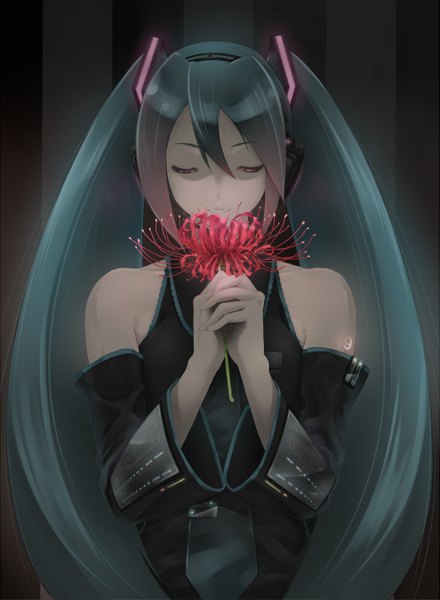 Anime picture 1039x1417 with vocaloid hatsune miku ryouku single long hair tall image twintails eyes closed aqua hair girl flower (flowers) detached sleeves headphones higanbana