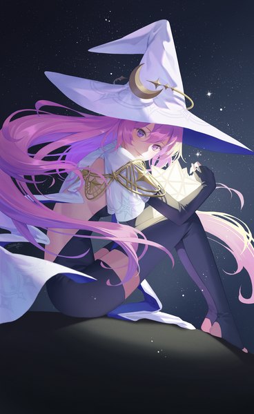 Anime picture 1257x2050 with original mt (ringofive) single tall image looking at viewer fringe breasts light erotic smile hair between eyes sitting purple eyes holding signed pink hair full body very long hair night night sky floating hair