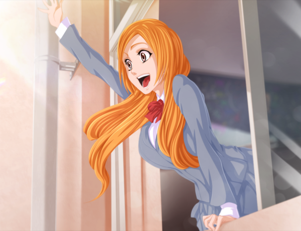 Anime picture 1050x807 with bleach studio pierrot inoue orihime tremblax single long hair open mouth smile brown eyes sunlight orange hair coloring girl uniform school uniform window