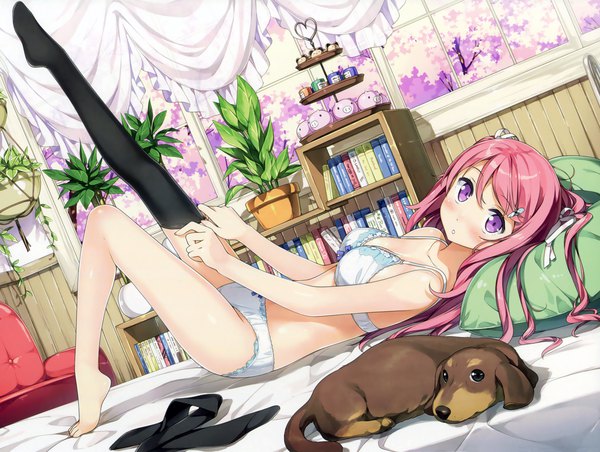 Anime picture 3386x2552 with original kurumi (kantoku) kantoku single long hair looking at viewer blush fringe highres breasts open mouth light erotic hair between eyes purple eyes pink hair absurdres bent knee (knees) indoors lying on back