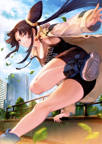 Anime picture 4911x6953 with fate (series) fate/grand order ushiwakamaru (fate) mashuu (neko no oyashiro) single long hair tall image looking at viewer fringe highres blue eyes black hair smile payot absurdres sky cloud (clouds) outdoors scan arm support