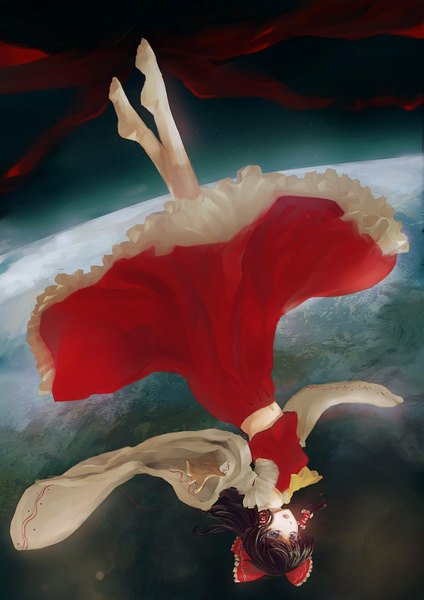 Anime picture 1240x1754 with touhou hakurei reimu rosicrucuans (pixiv) single long hair tall image open mouth blue eyes brown hair barefoot realistic flying miko girl dress skirt navel bow hair bow detached sleeves