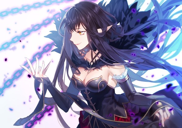 Anime picture 1023x724 with fate (series) fate/grand order fate/apocrypha semiramis (fate) ryuuki (hydrangea) single long hair fringe breasts light erotic black hair simple background smile hair between eyes standing white background bare shoulders yellow eyes cleavage nail polish