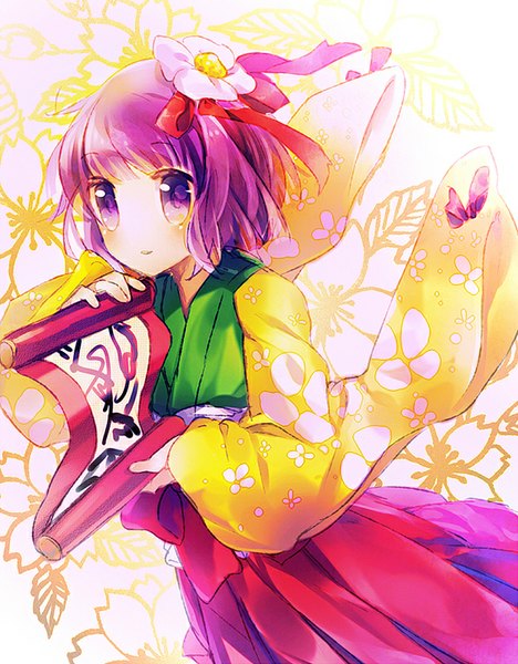 Anime picture 624x800 with touhou hieda no akyuu namie-kun single tall image looking at viewer blush fringe short hair purple eyes purple hair traditional clothes japanese clothes hair flower floral print girl hair ornament flower (flowers)