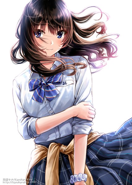 Anime picture 912x1280 with original kazuharu kina single long hair tall image looking at viewer blush blue eyes brown hair white background girl skirt uniform serafuku