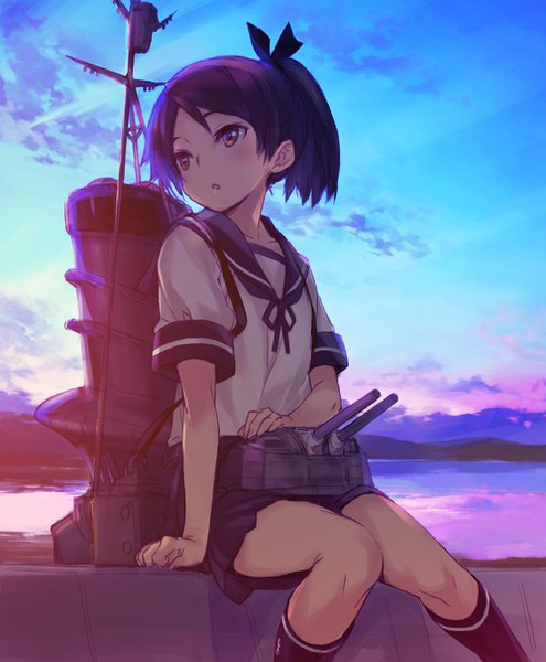 Anime picture 1000x1210 with kantai collection shikinami destroyer kawata hisashi single tall image blush short hair open mouth black hair sitting brown eyes looking away sky cloud (clouds) outdoors ponytail pleated skirt :o short sleeves evening