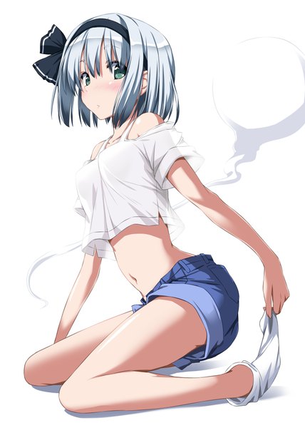 Anime picture 1488x2088 with touhou konpaku youmu myon nori tamago single tall image looking at viewer blush fringe short hair breasts simple background hair between eyes white background sitting bare shoulders holding green eyes payot looking away