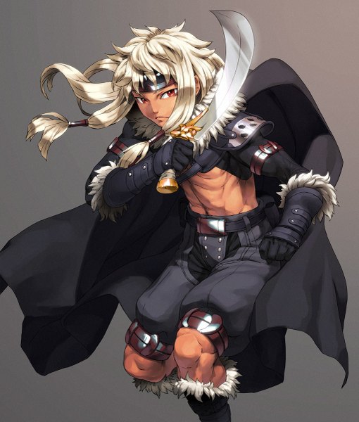 Anime picture 1021x1200 with original cozy single long hair tall image blonde hair simple background red eyes grey background boy gloves weapon armor fur