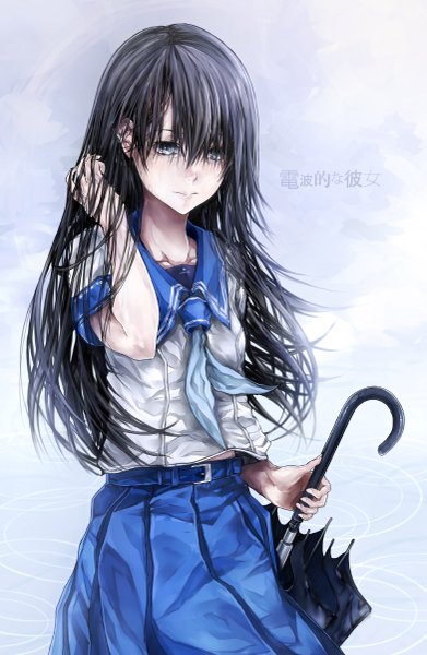 Anime picture 783x1200 with denpa teki na kanojo ochibana ame asuke yuki single long hair tall image blue eyes black hair wind inscription rain closed umbrella girl serafuku umbrella