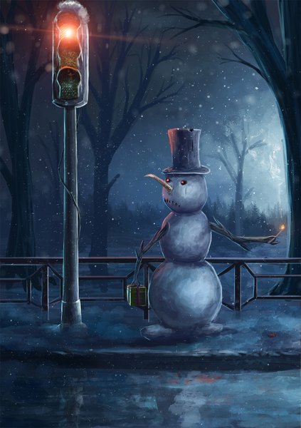 Anime picture 1500x2126 with original sylar113 tall image standing holding looking away outdoors night snowing snow no people bare tree plant (plants) tree (trees) fire top hat snowman traffic lights