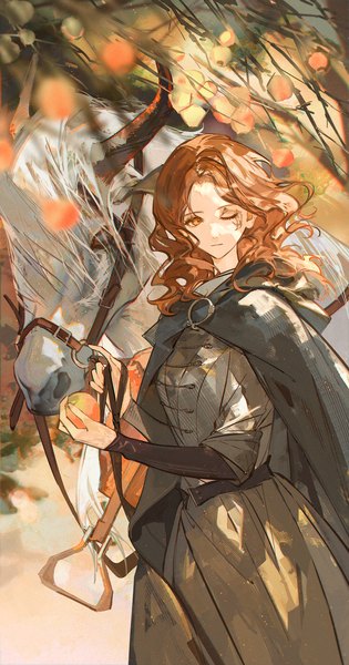 Anime picture 1575x3000 with elden ring melina (elden ring) torrent (elden ring) satsuya single long hair tall image brown hair brown eyes looking away outdoors one eye closed wavy hair girl dress animal cape fruit