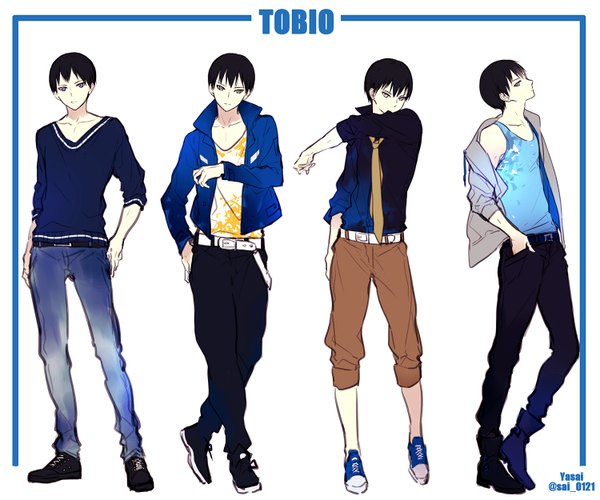 Anime-Bild 1500x1250 mit haikyuu!! production i.g kageyama tobio yasai (getsu) short hair black hair simple background standing white background bare shoulders profile open clothes open jacket multiple boys grey eyes hand on hip crossed legs hand in pocket multiple persona fashion