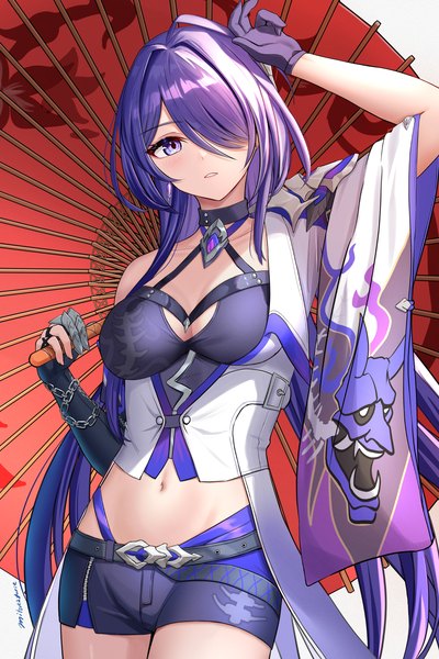 Anime picture 1200x1800 with honkai: star rail honkai (series) acheron (honkai: star rail) mitsukayurie single long hair tall image looking at viewer blush fringe short hair breasts simple background standing white background purple eyes holding signed purple hair parted lips