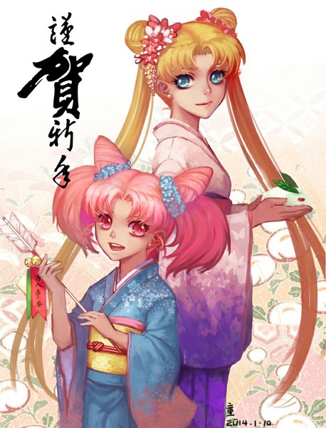 Anime picture 800x1047 with bishoujo senshi sailor moon toei animation tsukino usagi chibiusa tongyaohuan long hair tall image short hair open mouth blue eyes blonde hair twintails multiple girls pink hair traditional clothes japanese clothes pink eyes hair flower girl hair ornament