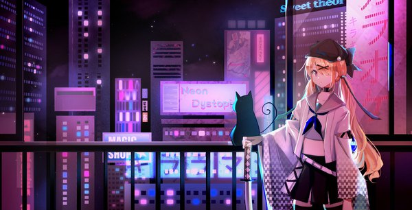 Anime picture 1920x980 with original tianye toshi single long hair looking at viewer fringe highres blonde hair wide image standing twintails holding payot long sleeves pleated skirt pink eyes hair over one eye night wide sleeves midriff