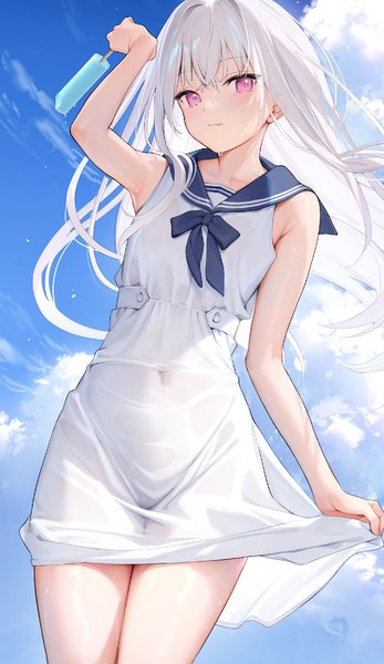 Anime-Bild 746x1289 mit original shiro-chan (mignon) mignon single long hair tall image looking at viewer blush fringe light erotic smile standing purple eyes holding sky cloud (clouds) outdoors white hair arm up wind