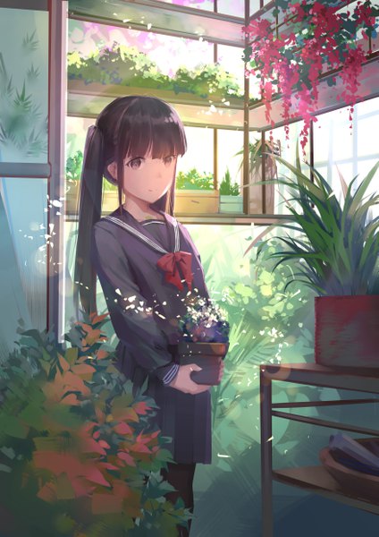 Anime picture 3506x4960 with original ren huozhe single long hair tall image looking at viewer fringe highres black hair smile hair between eyes standing twintails holding brown eyes payot absurdres indoors blunt bangs long sleeves
