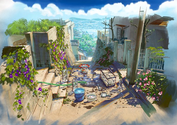 Anime picture 1200x848 with original yokoya sky cloud (clouds) sunlight cityscape landscape street panorama alley flower (flowers) plant (plants) tree (trees) water sea building (buildings) stairs wall house bucket