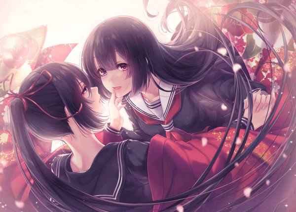 Anime picture 979x700 with original kyara36 blush fringe open mouth black hair purple eyes multiple girls payot ponytail very long hair traditional clothes japanese clothes shoujo ai hand on another's face girl uniform ribbon (ribbons) 2 girls hair ribbon