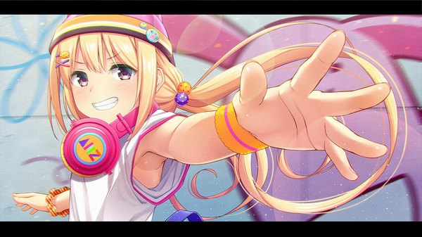 Anime picture 1245x700 with idolmaster idolmaster cinderella girls idolmaster cinderella girls starlight stage futaba anzu umihotaru harumare single long hair blush fringe blonde hair smile hair between eyes wide image purple eyes twintails payot upper body blurry armpit (armpits) short sleeves