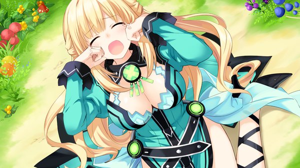 Anime picture 1920x1080 with choujigen game neptune vert tsunako single long hair highres breasts open mouth light erotic blonde hair wide image large breasts sitting game cg cleavage eyes closed from above official art dutch angle tears