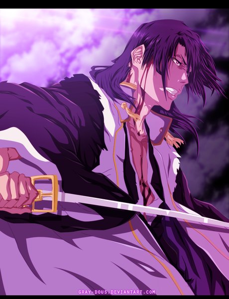 Anime picture 934x1218 with bleach studio pierrot kuchiki byakuya gray-dous single long hair tall image sky purple hair cloud (clouds) traditional clothes japanese clothes pink eyes sunlight grin coloring angry boy weapon sword