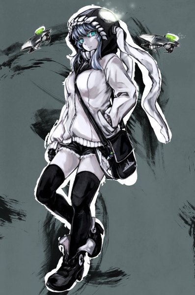 Anime picture 1657x2500 with kantai collection wo-class aircraft carrier maki (maki pei) single long hair tall image looking at viewer aqua eyes grey hair glowing glowing eye (eyes) hand in pocket white skin shinkaisei-kan girl thighhighs gloves black thighhighs black gloves shoes